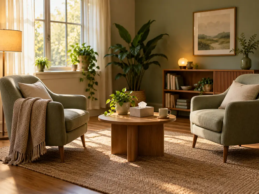 Consulta acogedora con dos sillones, plantas y luz de tarde